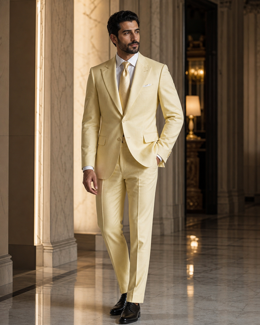 Butter Yellow Linen Beach Wedding Suit - Custom Made to Measure side back view