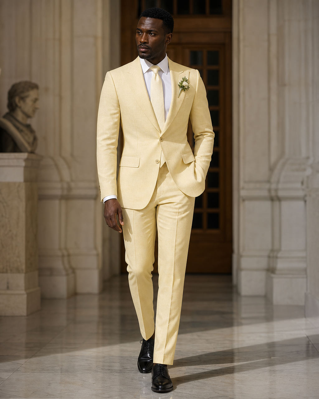 Butter Yellow Linen Outdoor Wedding Suit - Custom Made to Measure side back view