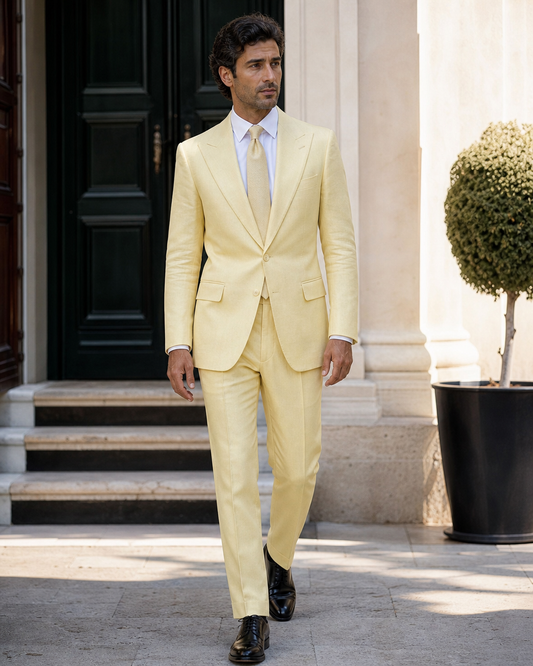 Butter Yellow Linen Peak Lapel Suit - Custom Made to Measure front view