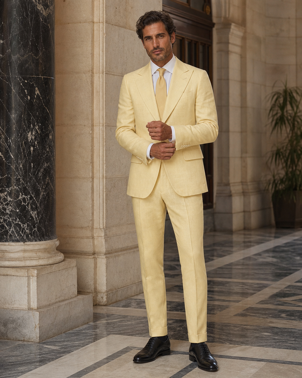 Butter Yellow Linen Summer Suit - Custom Made to Measure front view