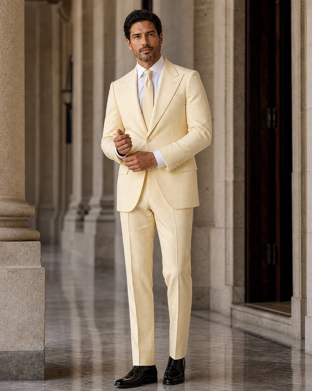 Butter Yellow Seersucker Beach Wedding Suit - Custom Made to Measure front view