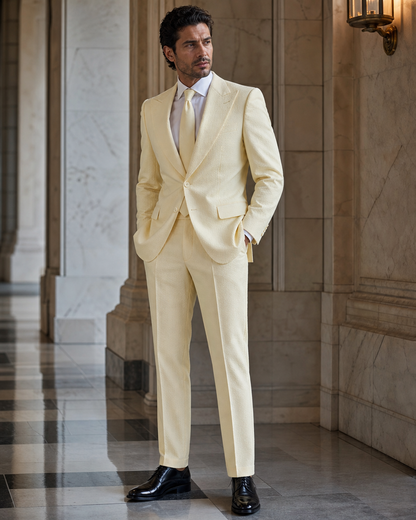 Butter Yellow Seersucker Beach Wedding Suit - Custom Made to Measure side back view