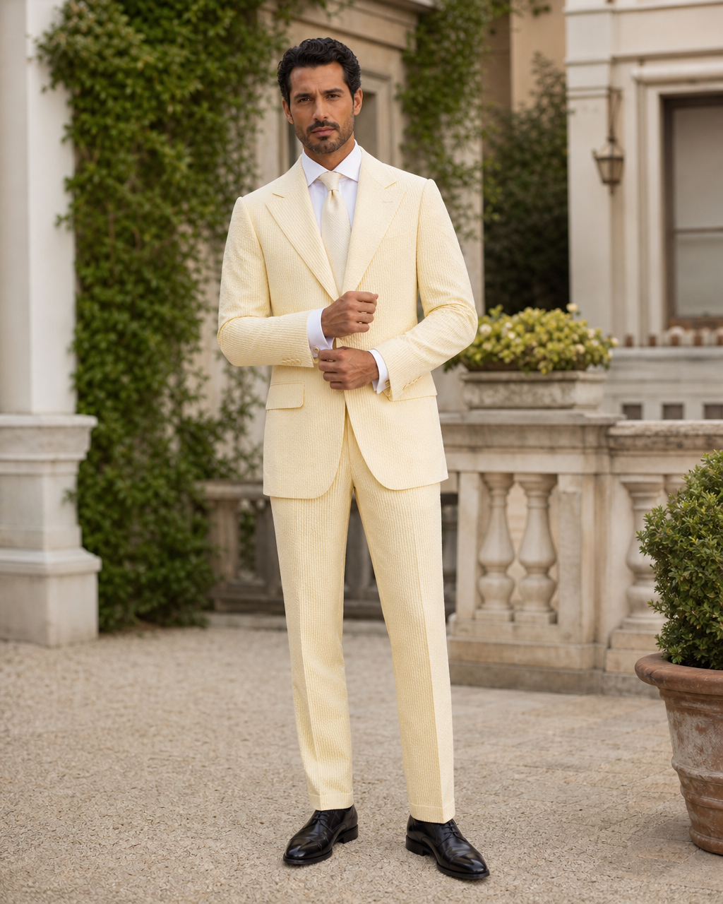 Butter Yellow Seersucker Outdoor Wedding Suit — Custom Made to Measure front view