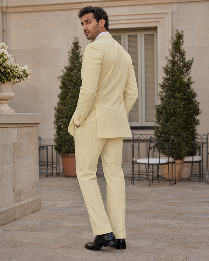 Butter Yellow Seersucker Outdoor Wedding Suit — Custom Made to Measure side back view