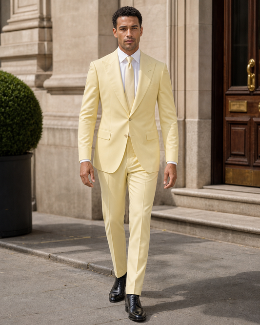 Butter Yellow Silk Blend Peak Lapel Suit - Custom Made to Measure front view