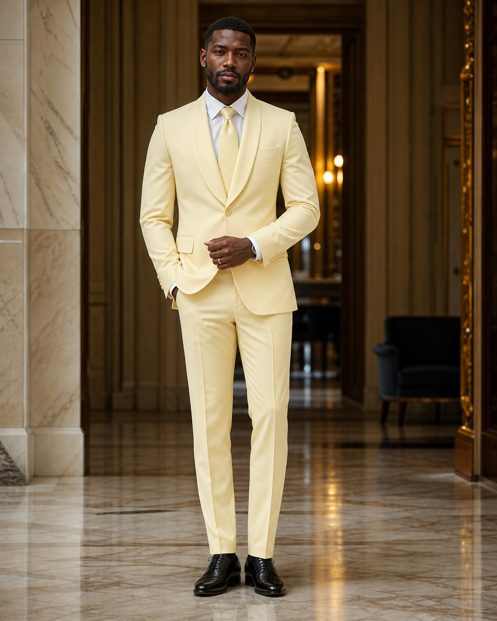 Butter Yellow Silk Blend Shawl Lapel Suit - Custom Made to Measure front view