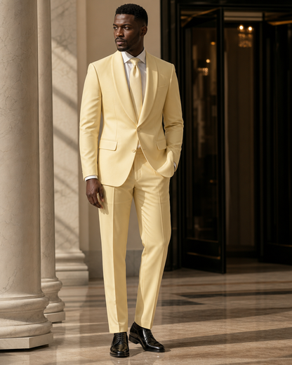 Butter Yellow Silk Blend Shawl Lapel Suit - Custom Made to Measure side back view