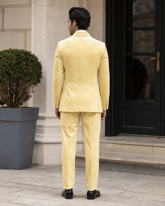 Butter Yellow Velvet Shawl Lapel Suit - Custom Made to Measure back view