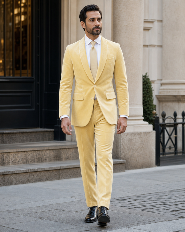 Butter Yellow Velvet Shawl Lapel Suit — Custom Made to Measure