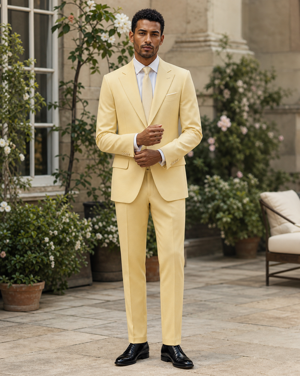 Butter Yellow Wool Outdoor Wedding Suit — Custom Made to Measure front view