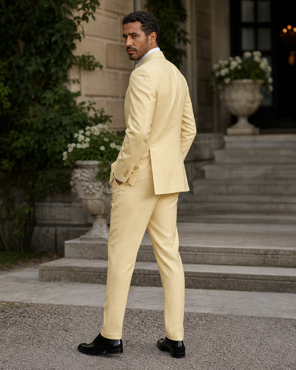 Butter Yellow Wool Outdoor Wedding Suit — Custom Made to Measure side back view