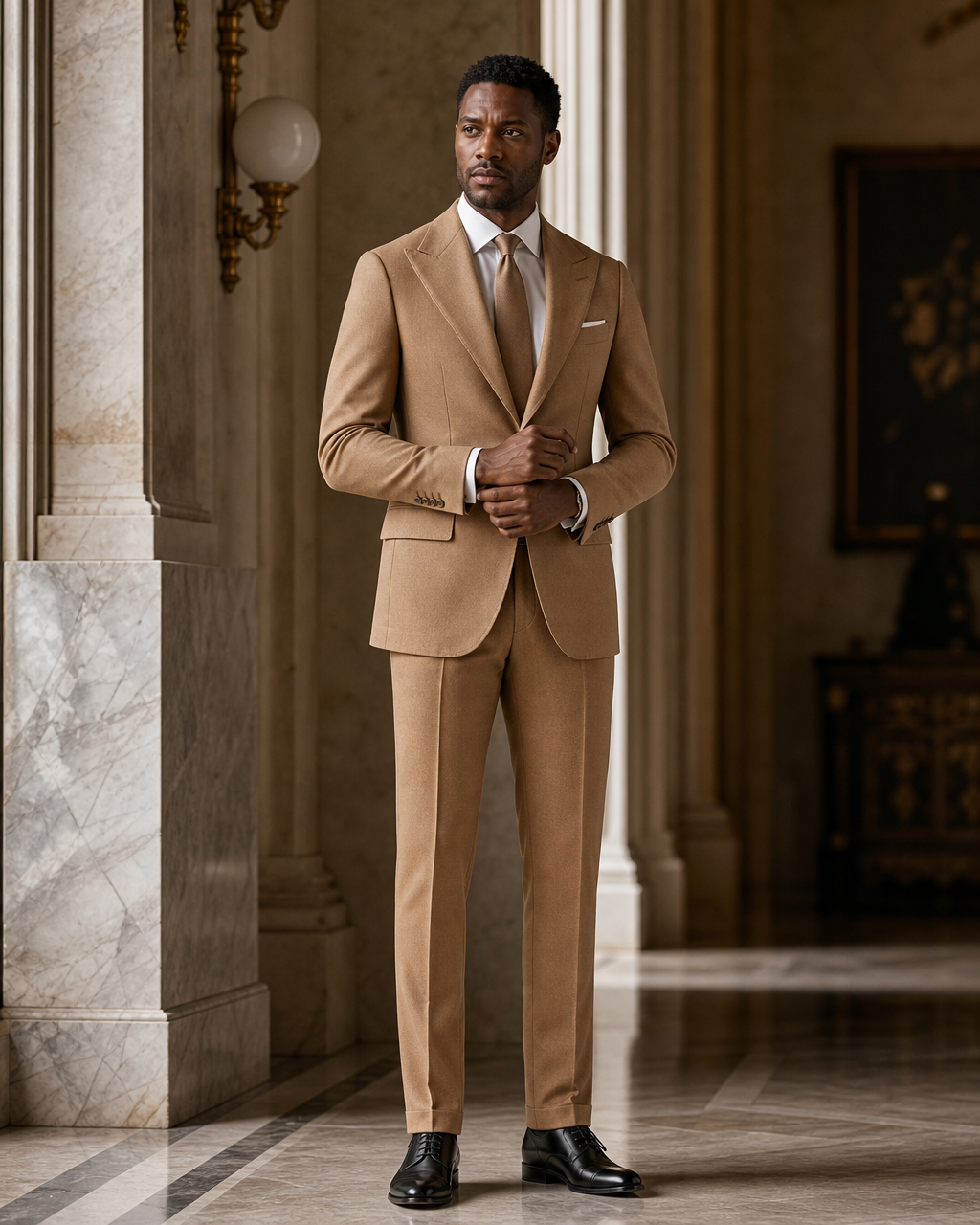 Camel Cashmere Blend Winter Suit - Custom Made to Measure front view