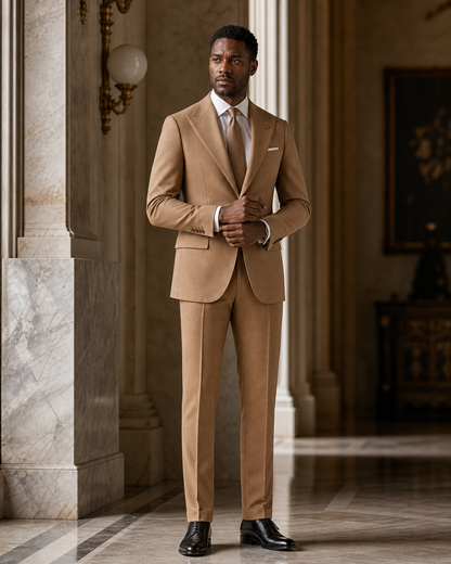 Camel Cashmere Blend Winter Suit - Custom Made to Measure front view