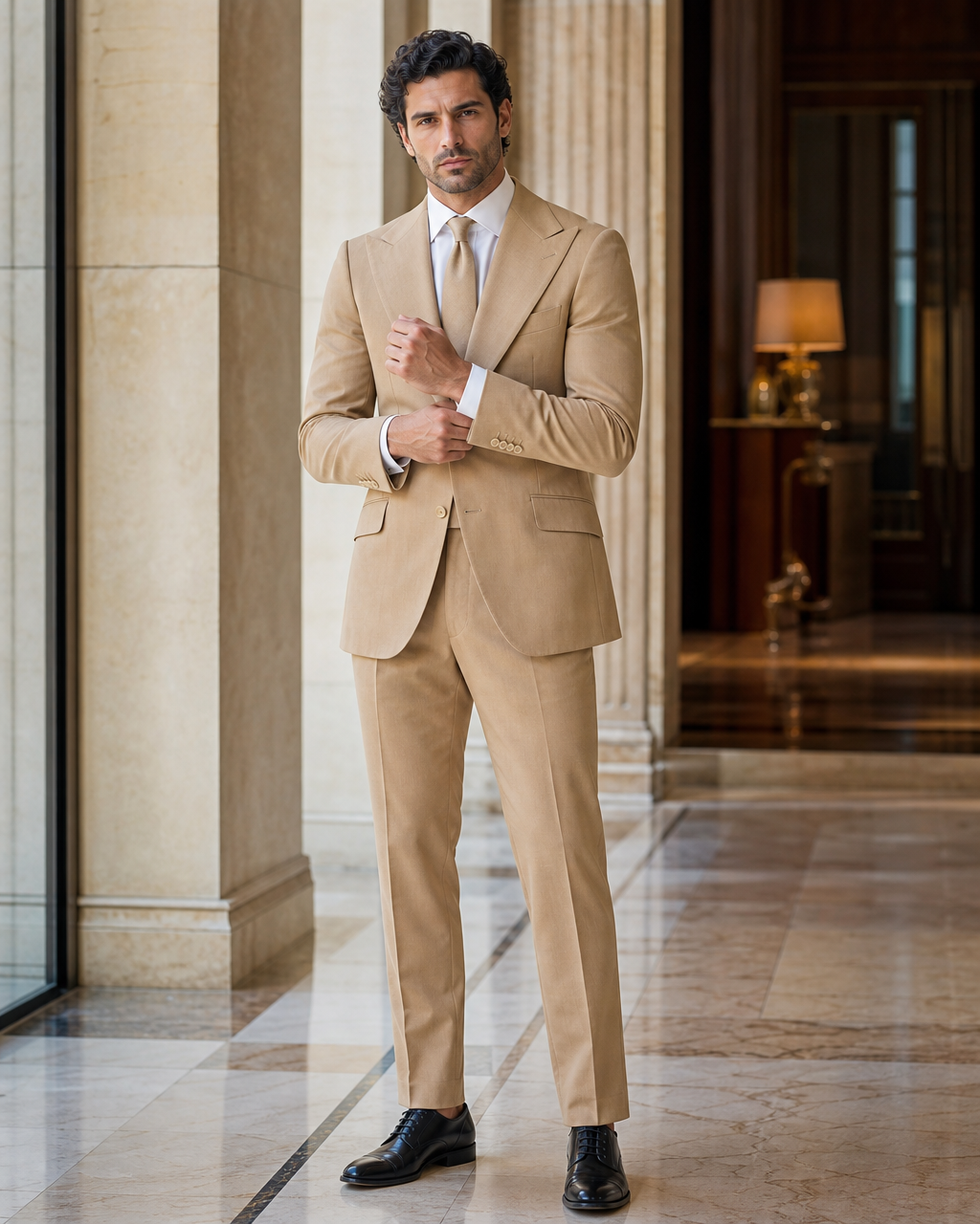 Camel Cotton Beach Wedding Suit - Custom Made to Measure front view