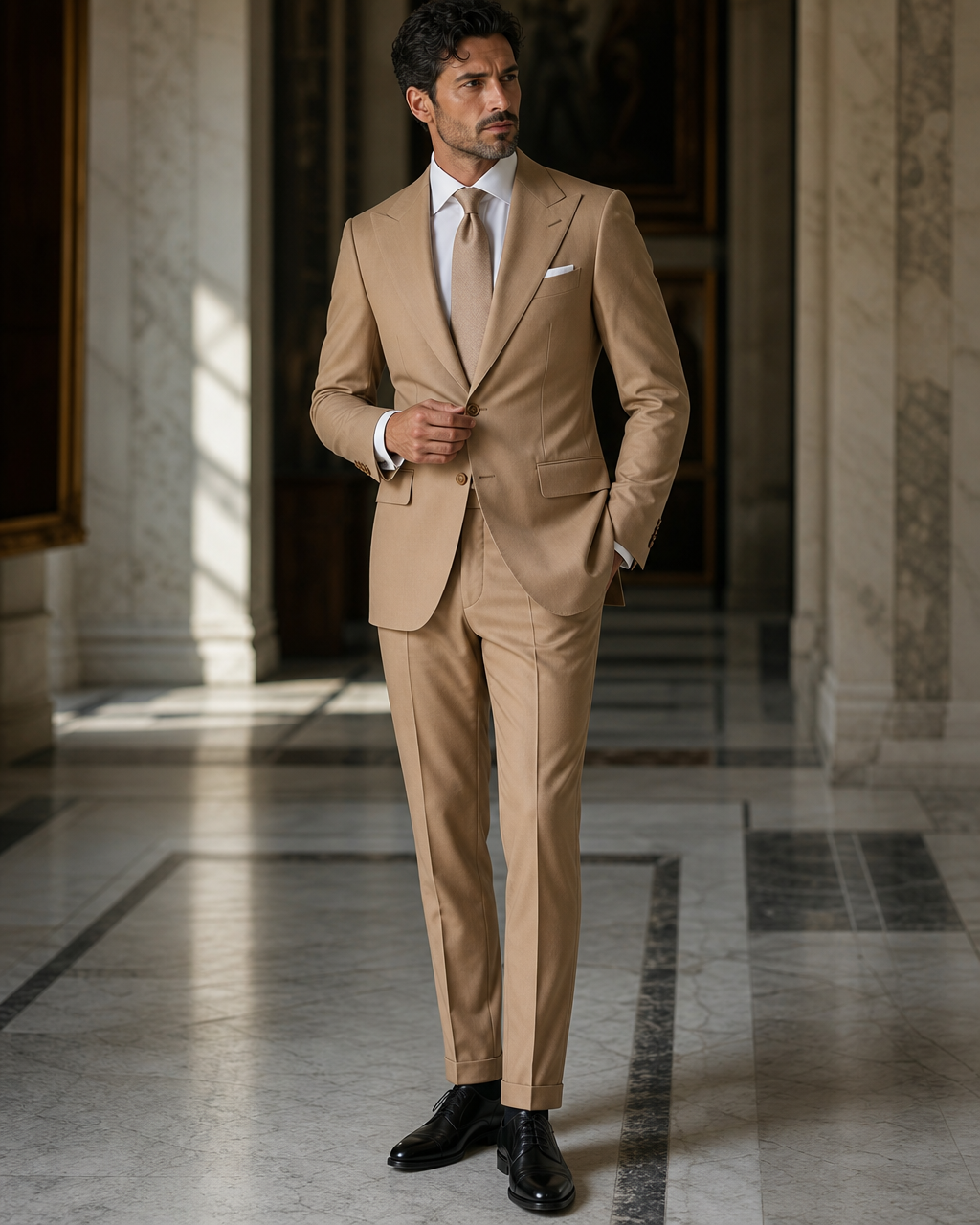 Camel Cotton Beach Wedding Suit - Custom Made to Measure side back view