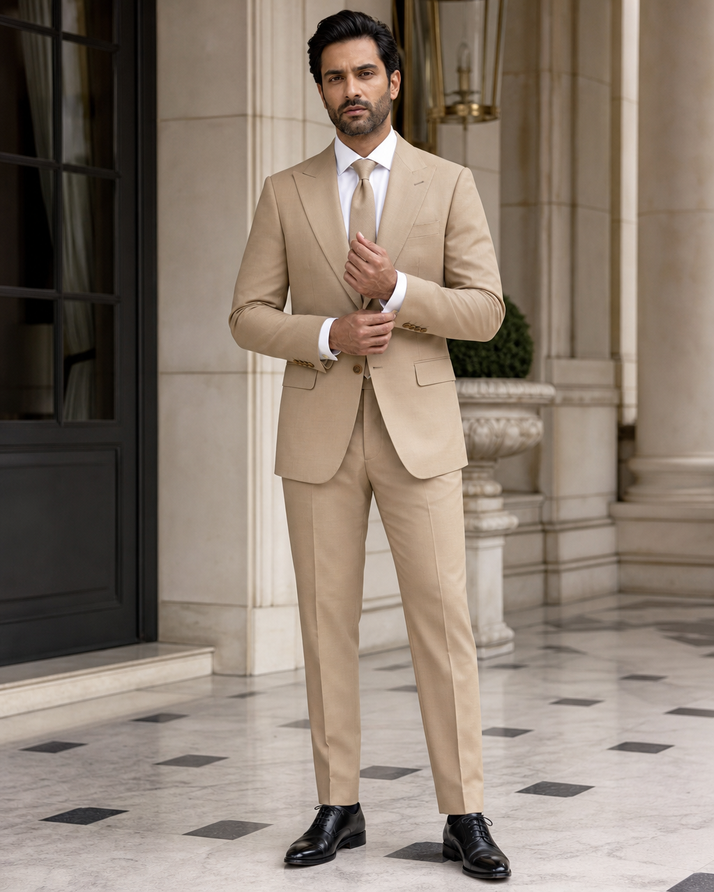 Camel Cotton Outdoor Wedding Suit - Custom Made to Measure front view