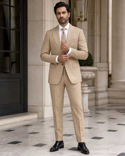 Camel Cotton Outdoor Wedding Suit - Custom Made to Measure front view