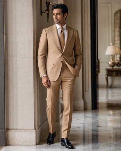 Camel Cotton Outdoor Wedding Suit - Custom Made to Measure side back view