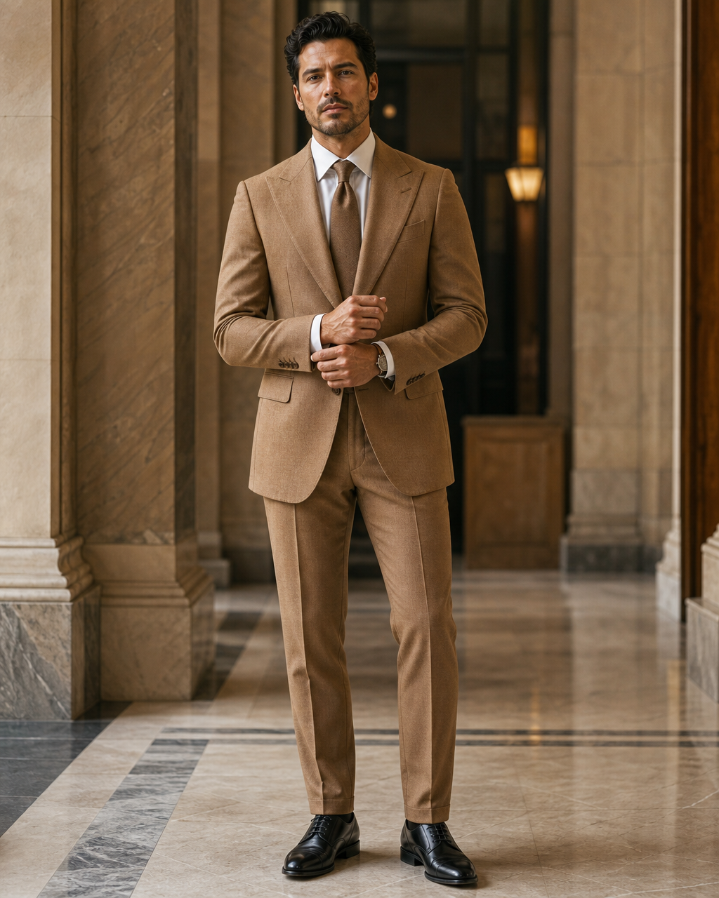 Camel Flannel Winter Suit - Custom Made to Measure front view