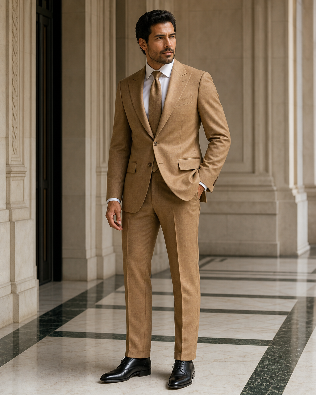 Camel Flannel Winter Suit - Custom Made to Measure side back view