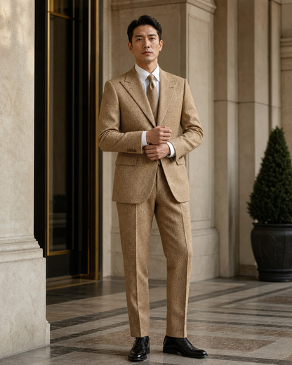 Camel Herringbone Winter Suit - Custom Made to Measure front view