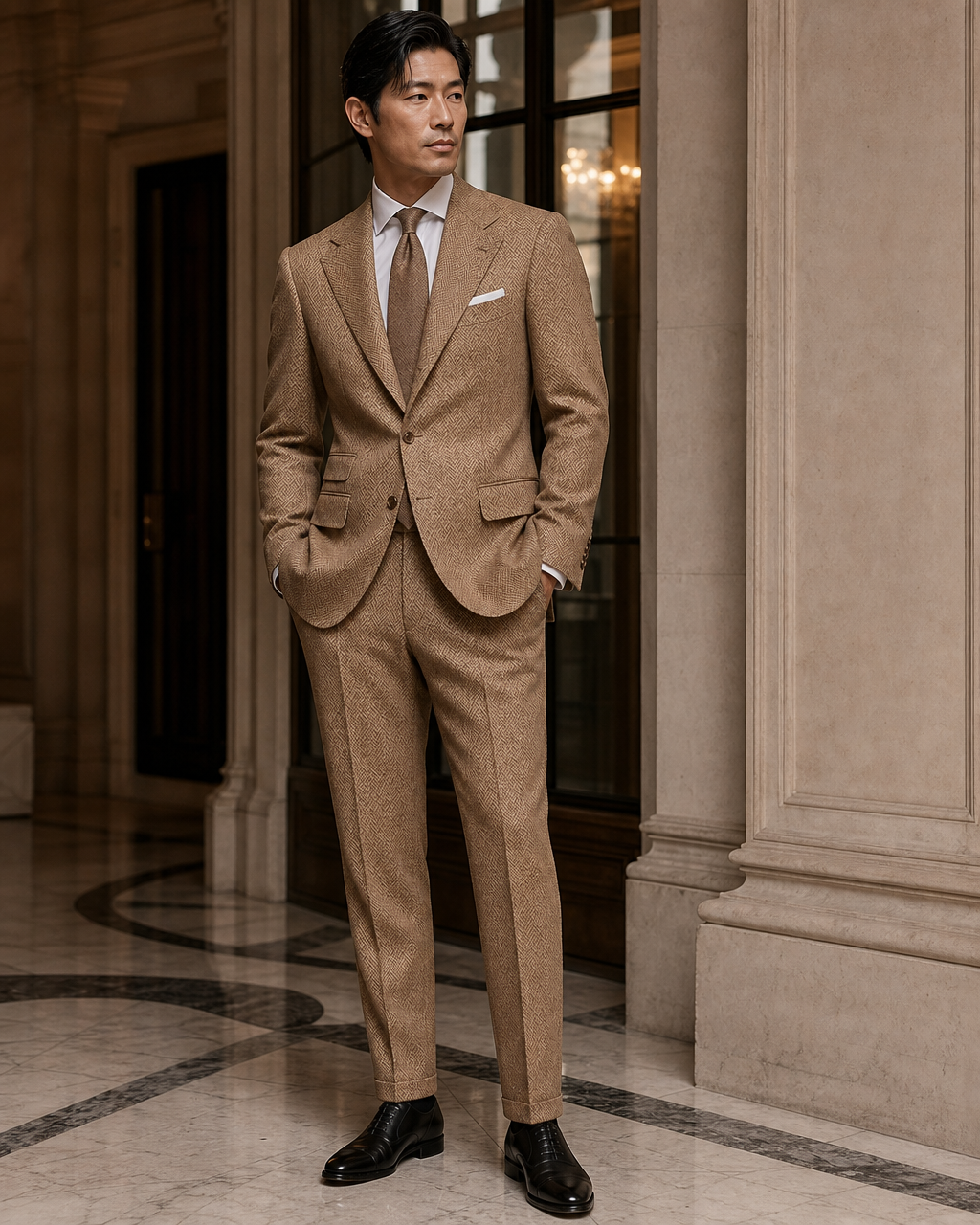 Camel Herringbone Winter Suit - Custom Made to Measure side back view