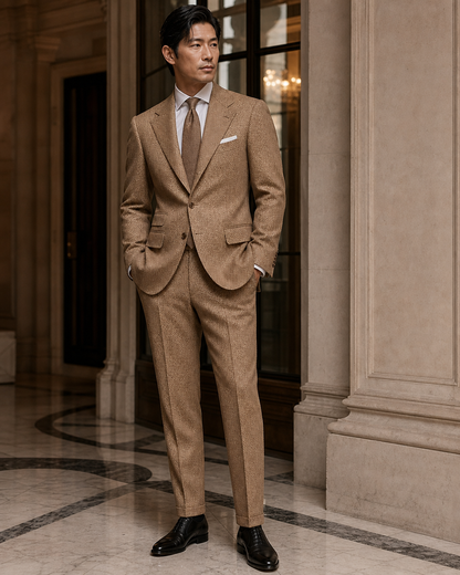 Camel Herringbone Winter Suit - Custom Made to Measure side back view