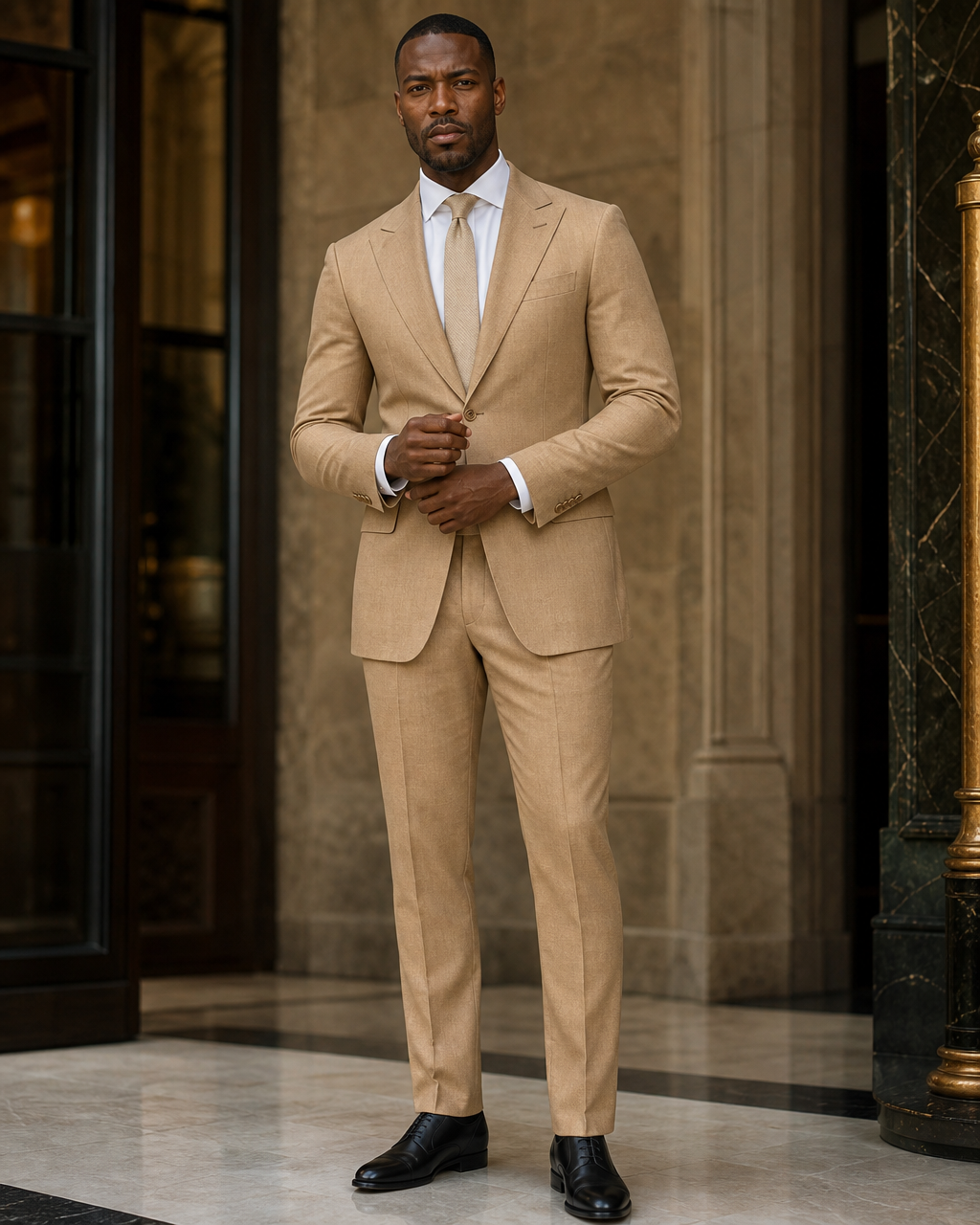 Camel Linen Beach Wedding Suit - Custom Made to Measure front view