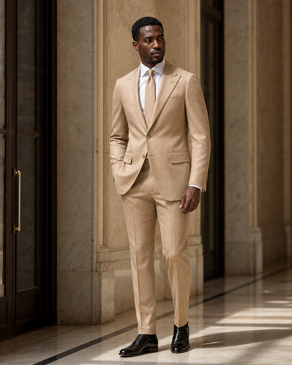 Camel Linen Beach Wedding Suit - Custom Made to Measure side back view