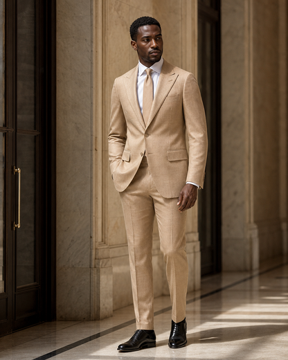 Camel Linen Beach Wedding Suit - Custom Made to Measure side back view