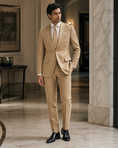 Camel Linen Summer Suit - Custom Made to Measure side back view
