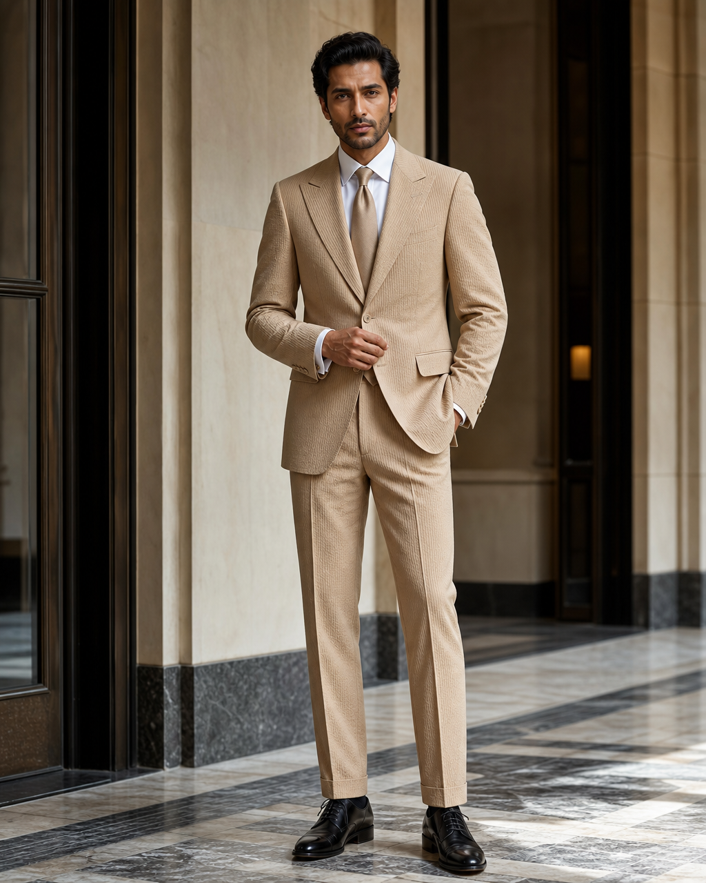 Camel Seersucker Beach Wedding Suit - Custom Made to Measure front view