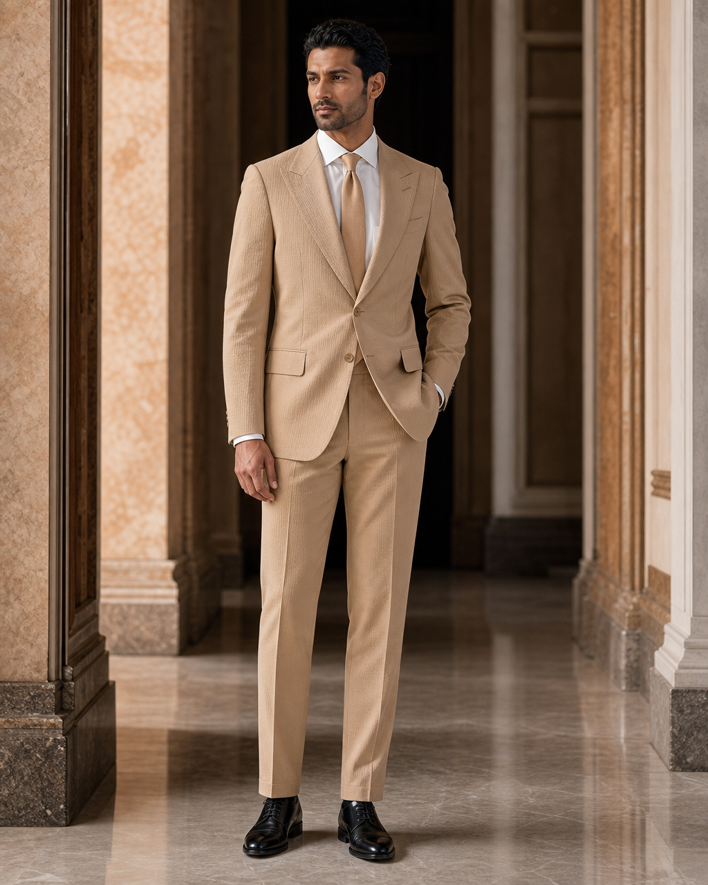 Camel Seersucker Beach Wedding Suit - Custom Made to Measure side back view