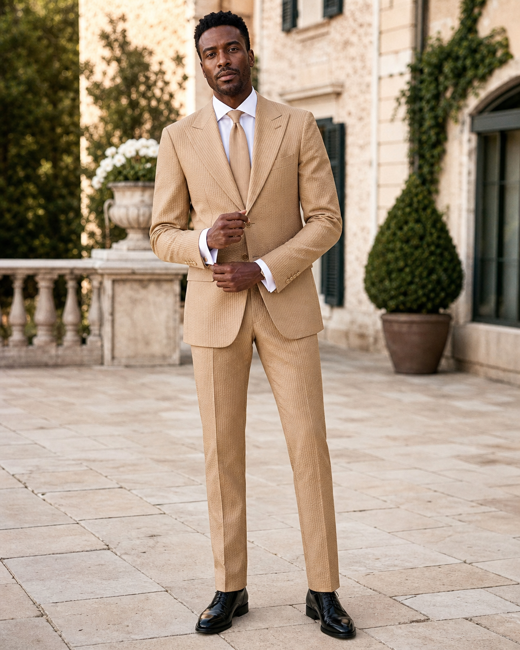 Camel Seersucker Outdoor Wedding Suit — Custom Made to Measure front view