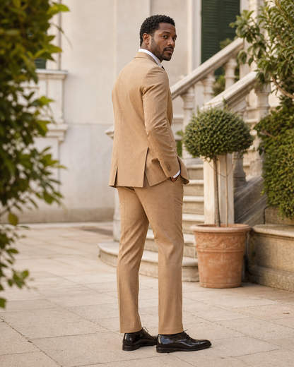 Camel Seersucker Outdoor Wedding Suit — Custom Made to Measure side back view