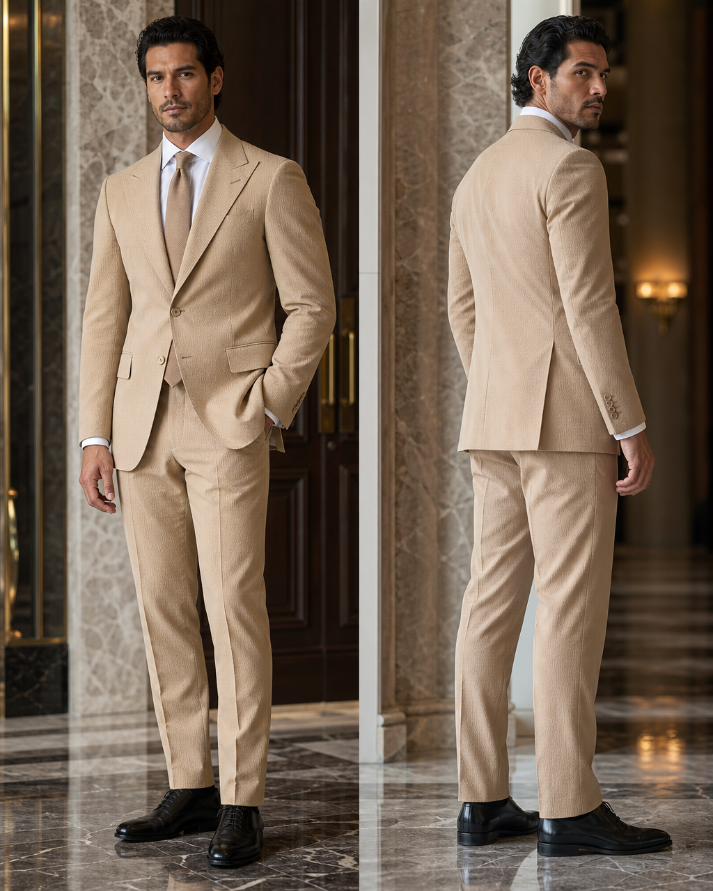 Camel Seersucker Summer Suit - Custom Made to Measure side back view
