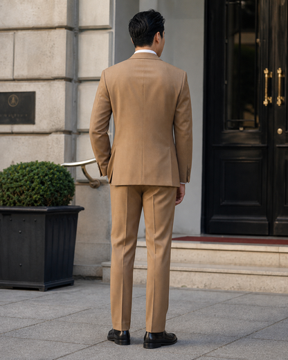 Camel Silk Blend Shawl Lapel Suit - Custom Made to Measure back view