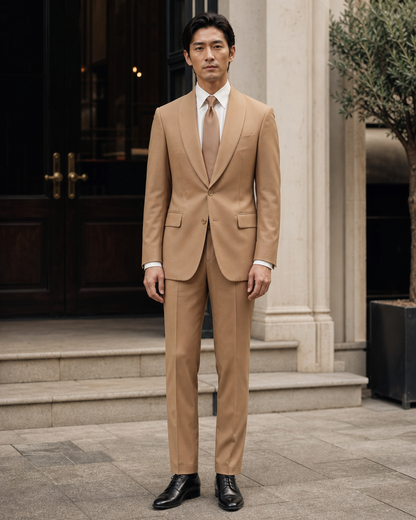 Camel Silk Blend Shawl Lapel Suit - Custom Made to Measure front view