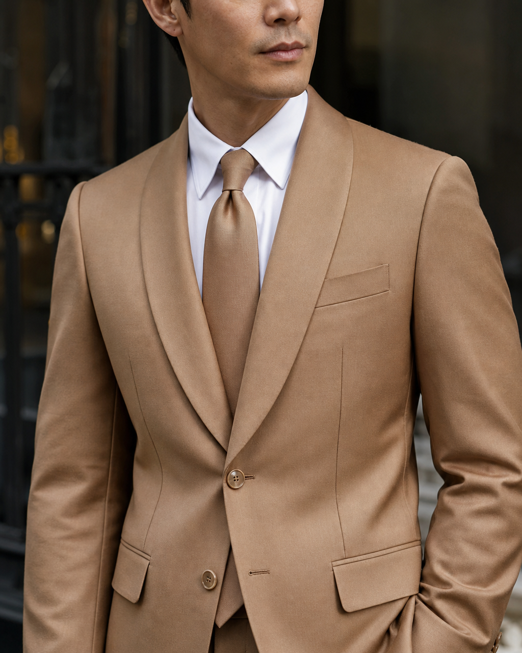 Camel Silk Blend Shawl Lapel Suit - Custom Made to Measure lapel chest close up