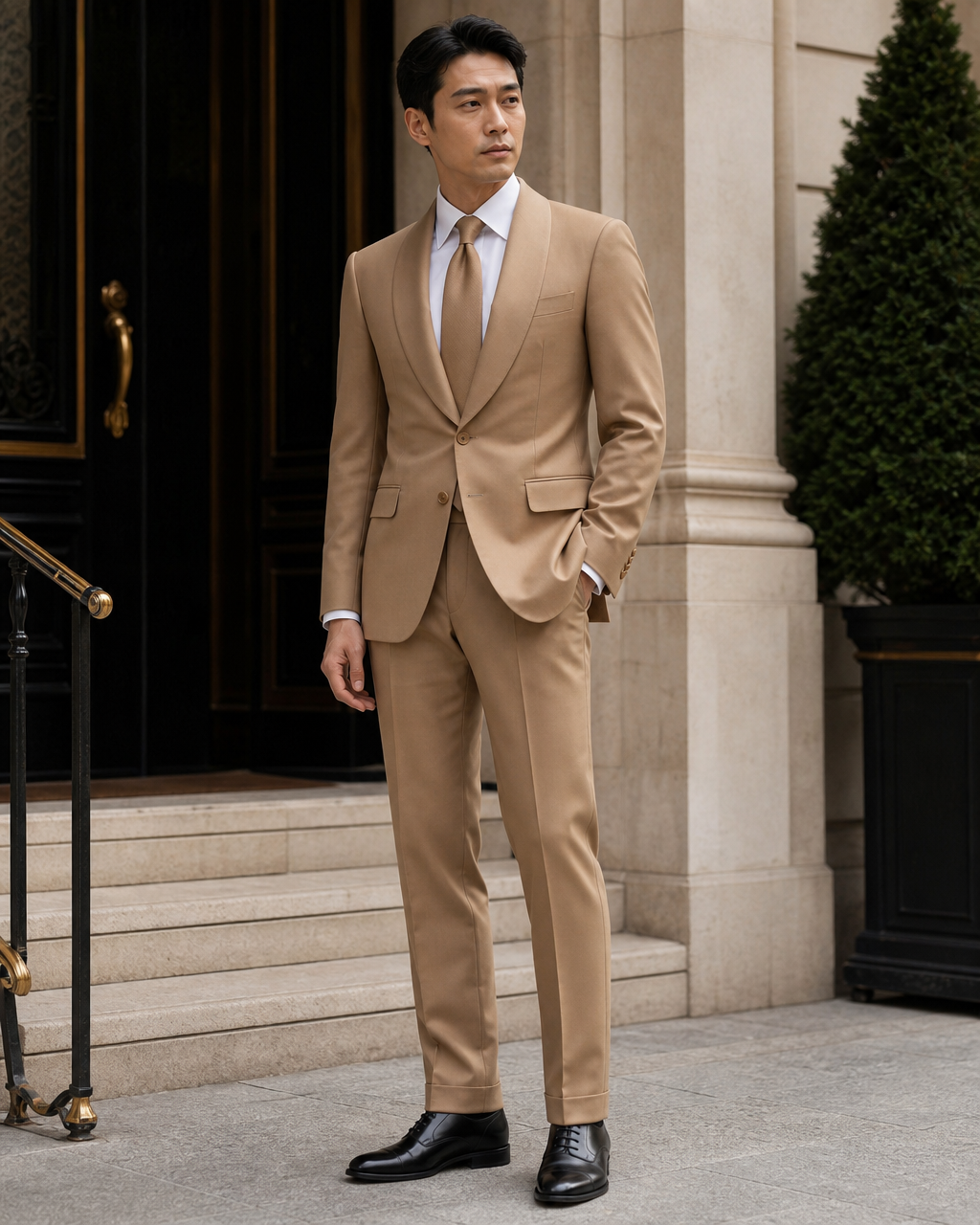 Camel Silk Blend Shawl Lapel Suit - Custom Made to Measure side three quarter view