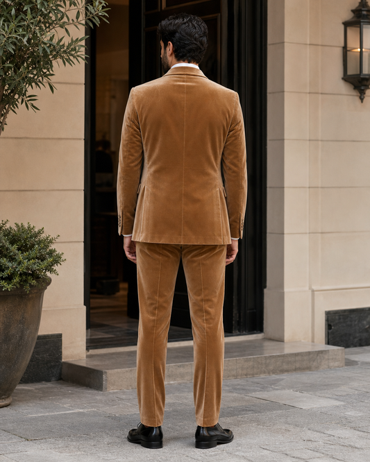 Camel Velvet Shawl Lapel Suit - Custom Made to Measure back view