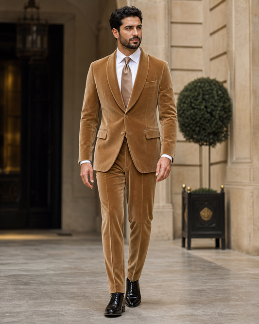 Camel Velvet Shawl Lapel Suit - Custom Made to Measure front view