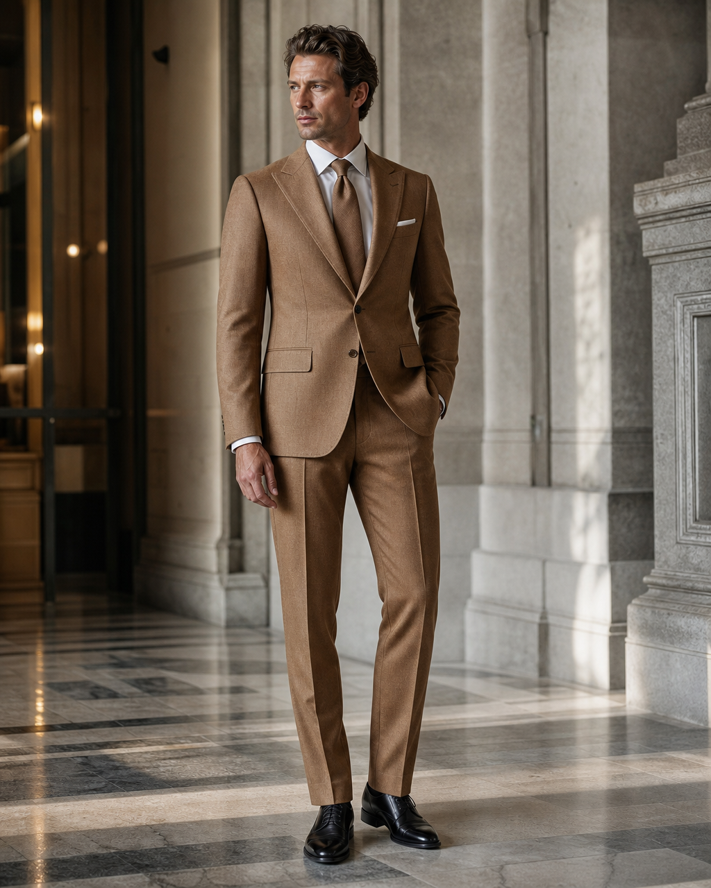 Caramel Cashmere Blend Winter Suit - Custom Made to Measure side back view