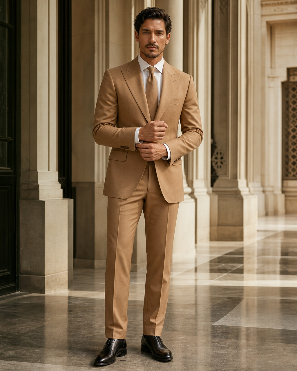Caramel Cotton Beach Wedding Suit - Custom Made to Measure front view