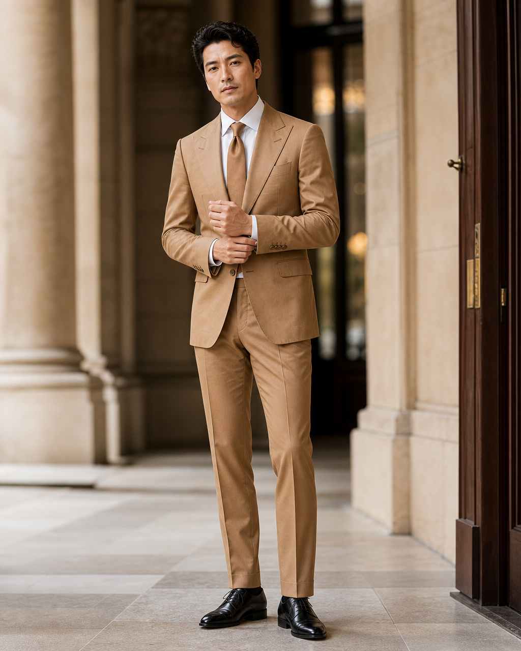 Caramel Cotton Outdoor Wedding Suit - Custom Made to Measure front view