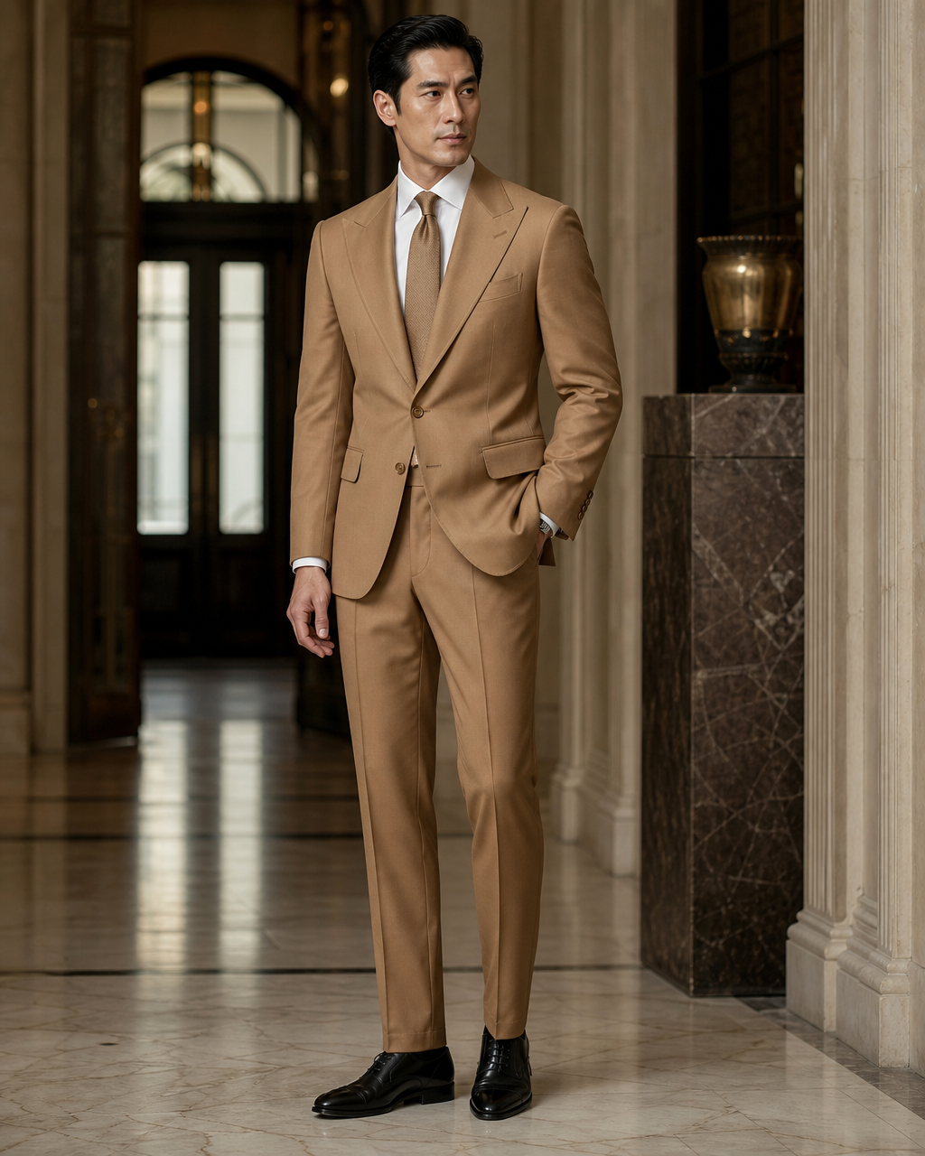 Caramel Cotton Outdoor Wedding Suit - Custom Made to Measure side back view