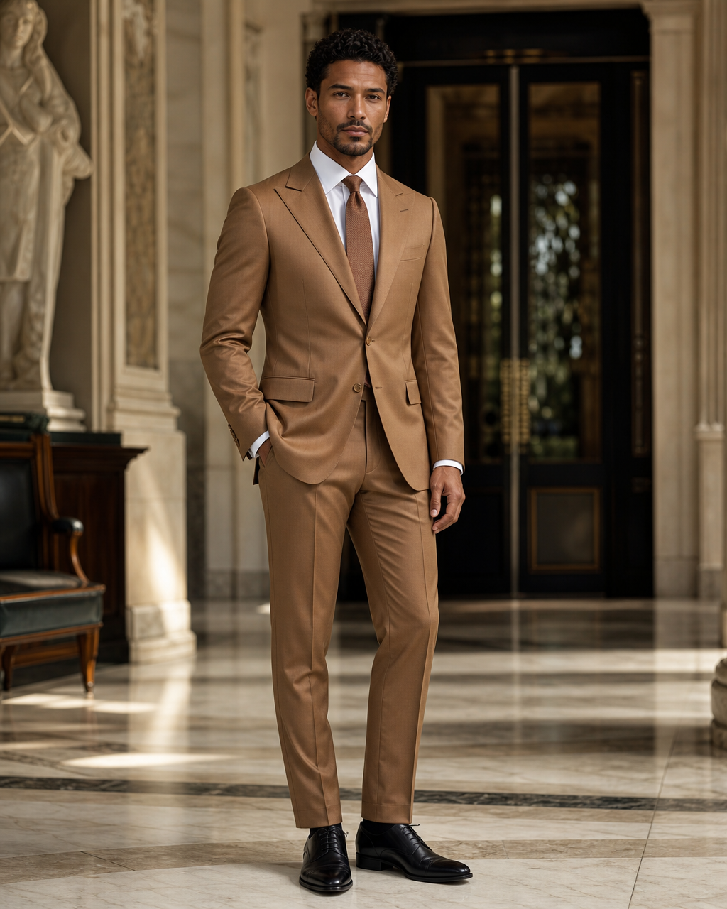 Caramel Cotton Summer Suit - Custom Made to Measure side back view