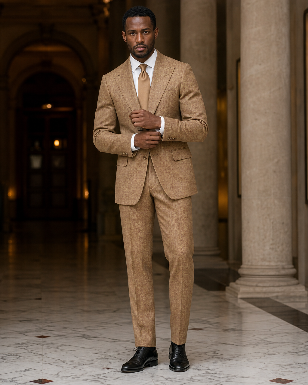 Caramel Herringbone Winter Suit - Custom Made to Measure front view