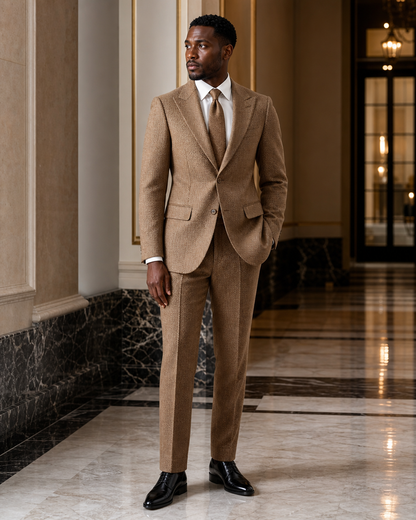 Caramel Herringbone Winter Suit - Custom Made to Measure side back view