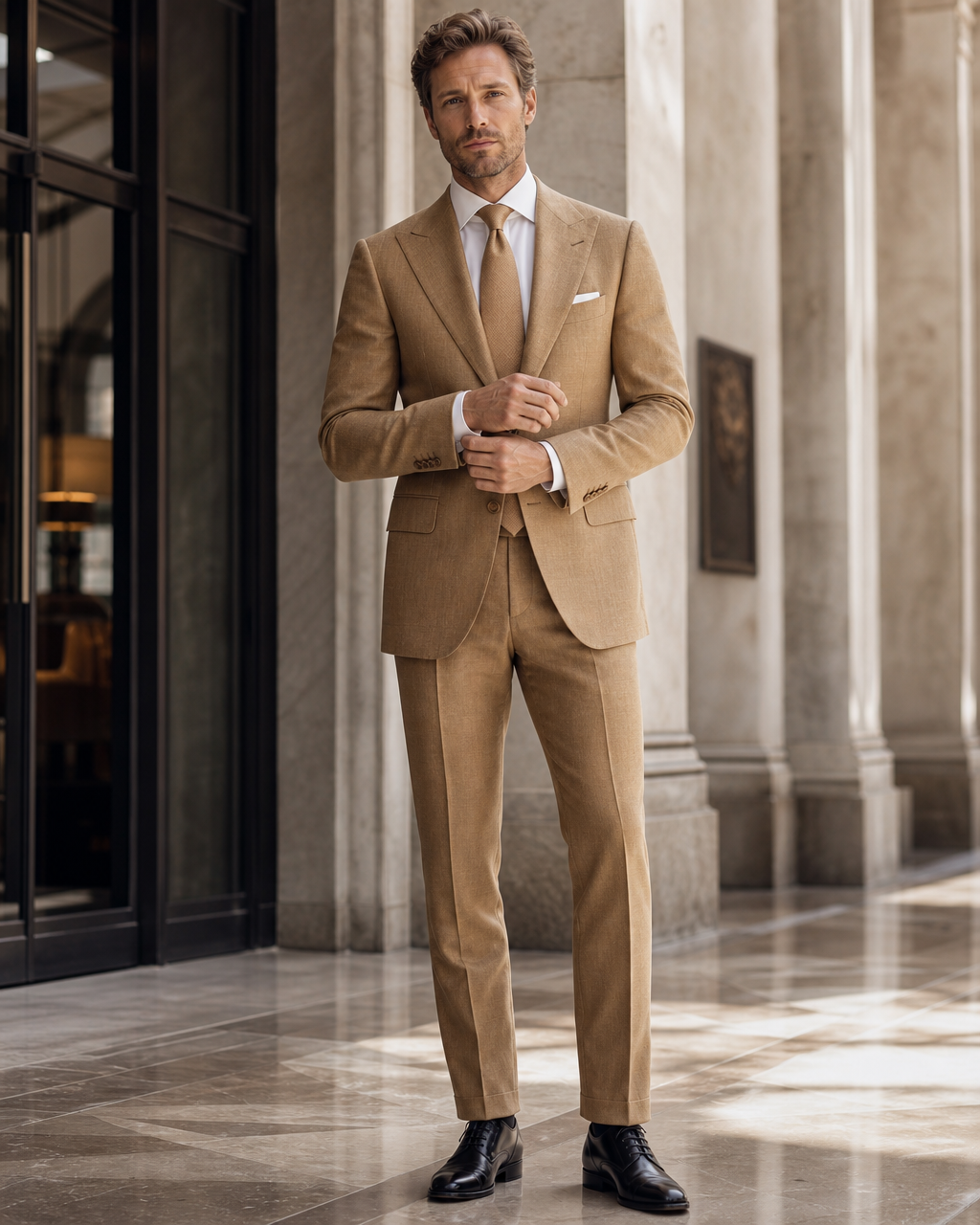 Caramel Linen Beach Wedding Suit - Custom Made to Measure front view